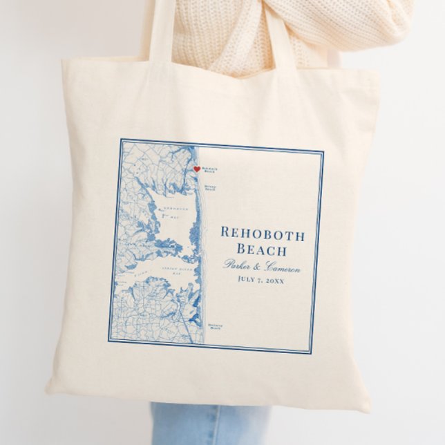 Tote Bag Rehoboth Beach Delaware Navy Blue Mariage (Rehoboth Beach Delaware Tote Bag elegant navy blue wedding favor welcome bag by Coastal Map Designs)