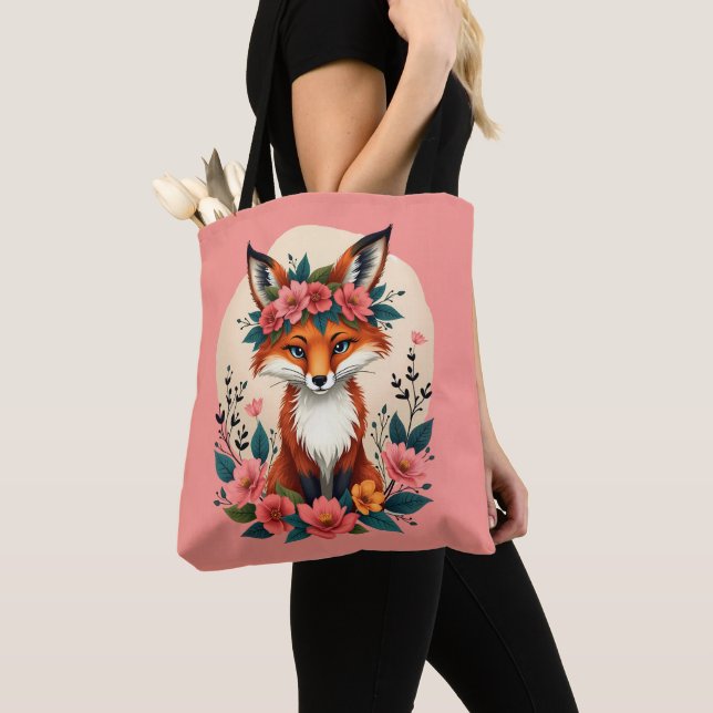 Tote Bag Renard de Boho Whimsical avec forêt de Couronne Fl (De près)