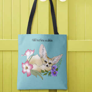 Tote Bag Renard Fennec Fleurs Roses Violettes Mignon Bleu B