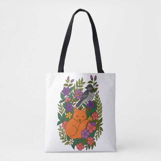 Tote Bag Renard, pigeon et fleurs (Devant)