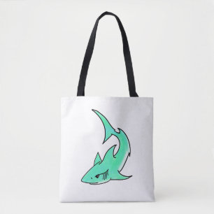 Tote Bag requin souriant de dessin animé bleu vert océan an