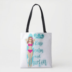 Tote Bag Restez calme et surf sur la brune fille