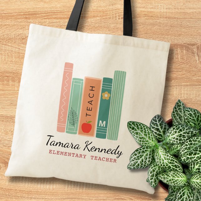 Tote Bag Retour à l'école Pastel Livres Nom de l'enseignant (Créateur téléchargé)