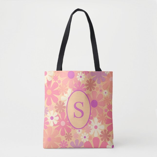 Tote Bag Retro 60s les années 70 modèle floral avec initial (Devant)