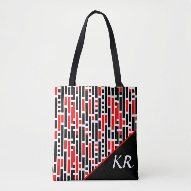 Tote Bag Retro Art Déco Rouge Noir Abstrait Motif Monogramm (Devant)