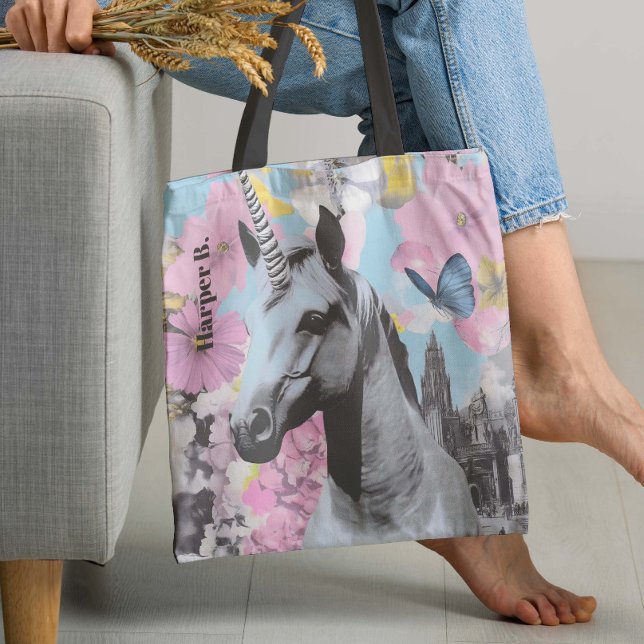 Tote Bag Retro Coquette Pink et Blue Unicorn Collage (Perfect for adding a playful yet sophisticated charm, this tote bag design enhances any ensemble.)