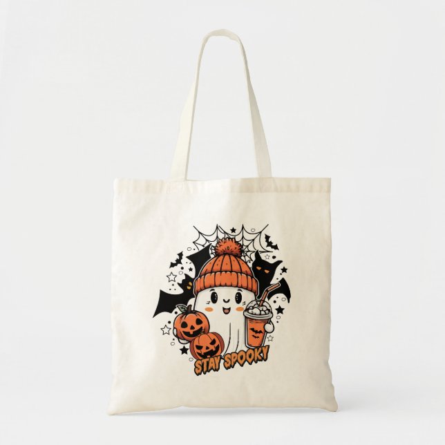 Tote Bag Retro Cute Ghost Citrouille Bougie Restez Éffrayan (Devant)