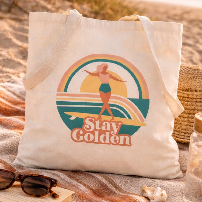 Tote Bag Rétro Fille Surfeuse Reste Dorée Côtière (Créateur téléchargé)