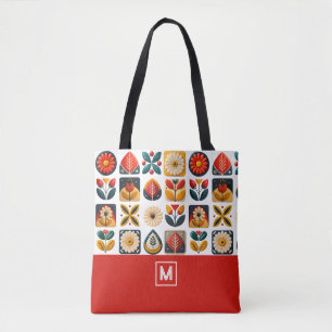 Tote Bag Retro Folk Floral Motif Monogramme