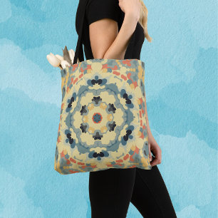 Tote Bag Rétro Mandala bleu jaune et rouge