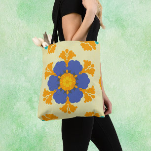Tote Bag Rétro Mandala bleu orange et jaune