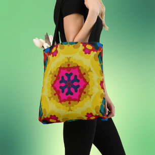 Tote Bag Rétro Mandala jaune bleu et rose
