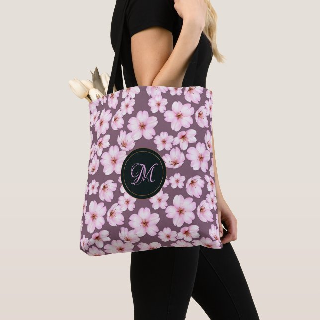 Tote Bag Rétro motif pourpre floral. Monogramme (De près)