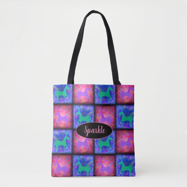Tote Bag Retro Neon Unicorn Checks Style bleu rose (Devant)