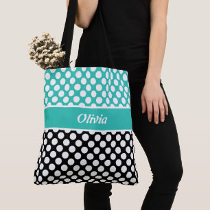 Tote Bag Retro Nommé Turquoise, Noir & Blanc Polka Dot