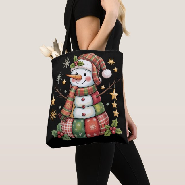 Tote Bag Retro Patchwork Snowman Joyeux Noël Coquette (De près)