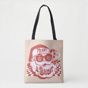 Tote Bag Rétro Santa Merry Bright Noël Rose Rouge