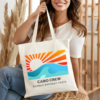 Tote Bag Retro Sunset Beach Custom Text Birthday Party Crew