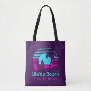 Tote Bag Retro Sunset Surfboard Palm Tree Life's a Beach