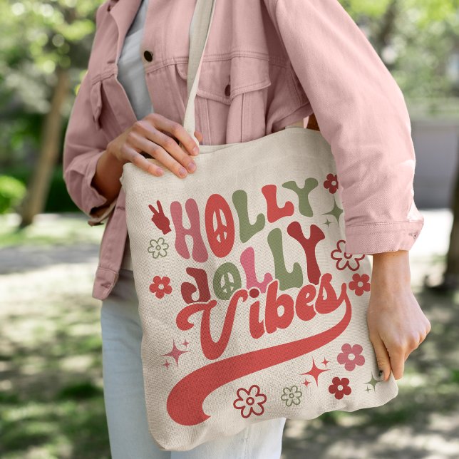 Tote Bag Retro Super Holly Jolly Vibes (Retro Groovy Holly Jolly Vibes Holiday Photo Tote Bag)