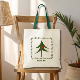 Tote Bag Retro Vintage Christmas Tree Wreath Nom de famille