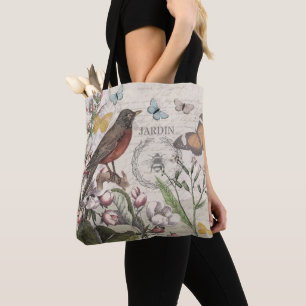 Tote Bag Robin Elegant Bird Butterfly French Art