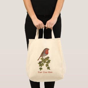 Tote Bag Robin perché sur des feuilles de lierre, oiseaux 