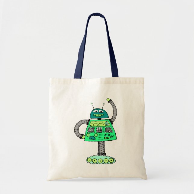 Tote Bag Robot Frankie, vert sur blanc (Devant)