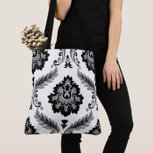 Tote Bag Rococo Damask grand motif Gris Noir Blanc