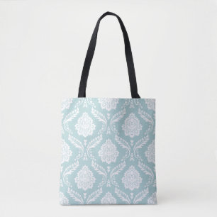 Tote Bag Rococo Damassé Grand Motif Blanc sur Bleu Canard