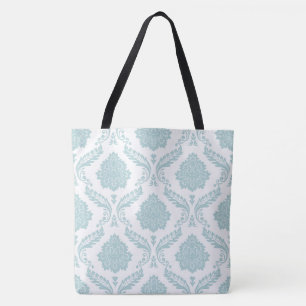 Tote Bag Rococo Damassé Grand Motif Bleu Canard sur Fond Bl