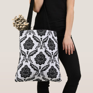 Tote Bag Rococo Damassé Grand Motif Noir sur Blanc