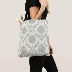 Tote Bag Rococo Damassé Grand Motif Vert sur Crème