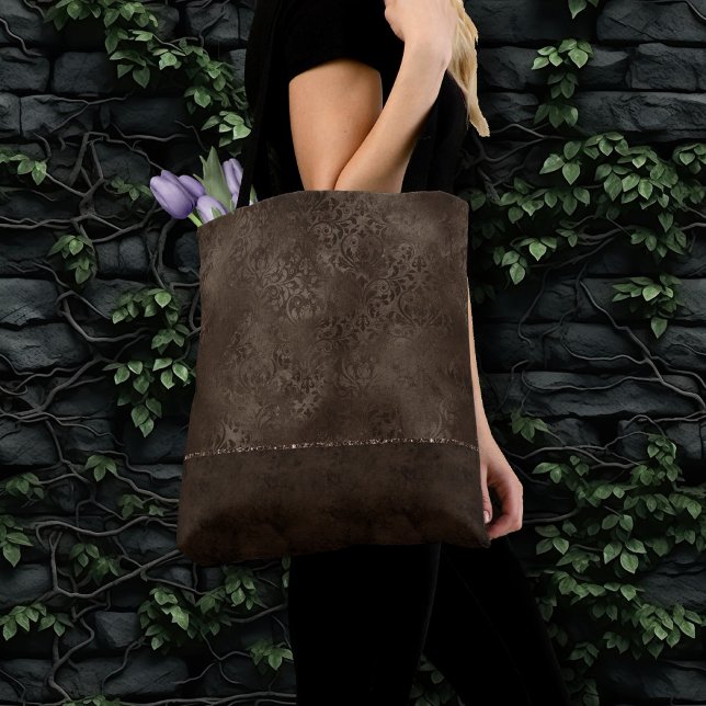 Tote Bag Romance en bronze de minuit | Satiny Grunge Damask (Créateur téléchargé)