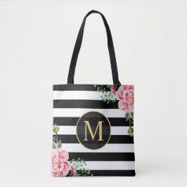 Tote Bag Romantique Floral noir rayures blanches Monogramme
