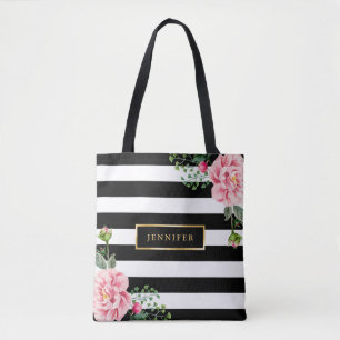 Tote Bag Romantique rose Floral Noir Blancs