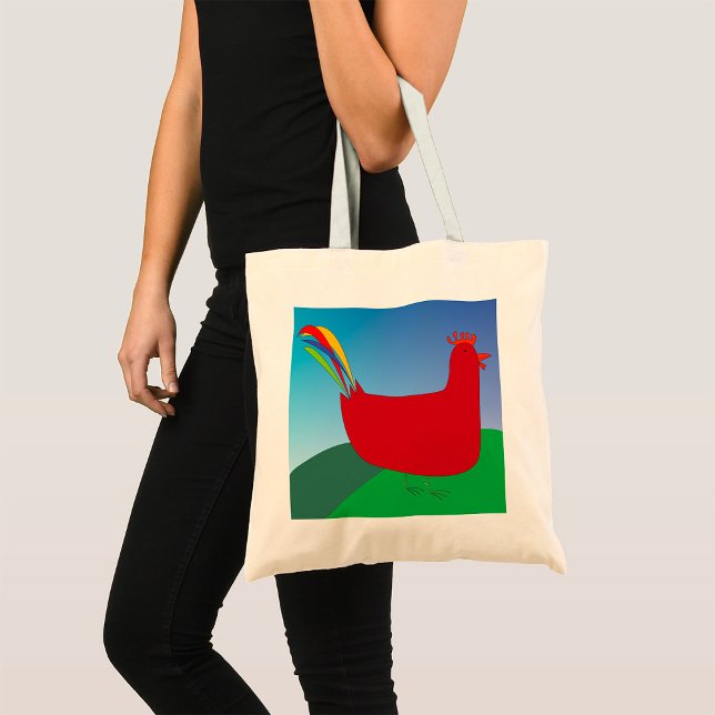 Tote Bag Rooster rouge coloré avec Rainbow Tail sur Hill (Créateur téléchargé)