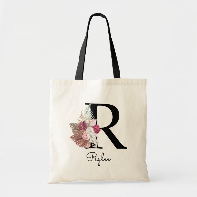 Tote Bag Rose Bohème Fleurie Monogramme Initiale R (Devant)