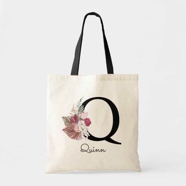 Tote Bag Rose Bohème Florale Initiale Q (Devant)