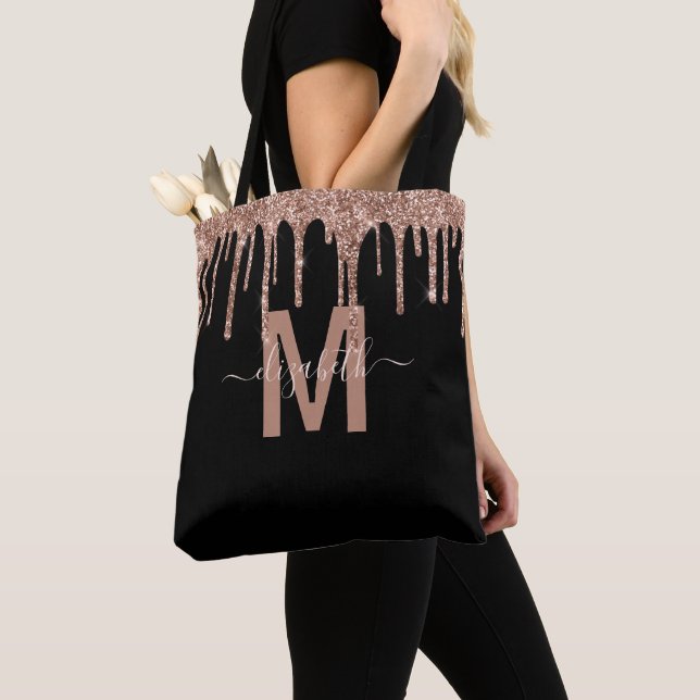 Tote Bag Rose Chic Parties scintillant de goutte d'or Nom d (De près)