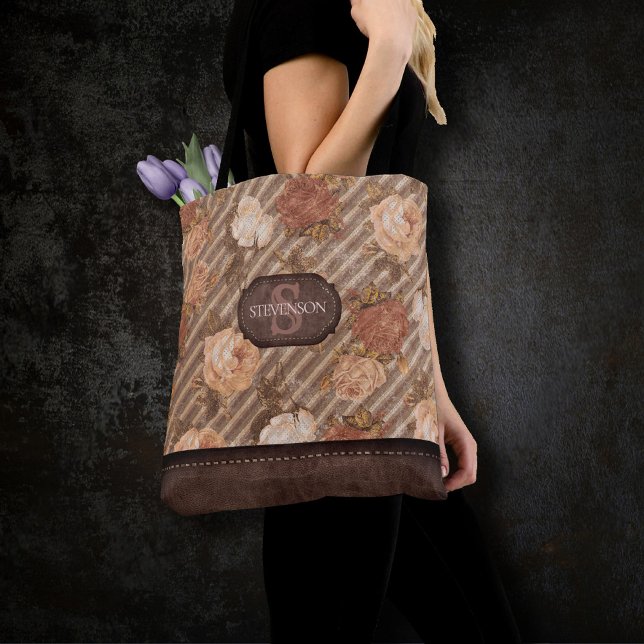 Tote Bag Rose de cuivre épice vintage | Monogramme floral r (Créateur téléchargé)