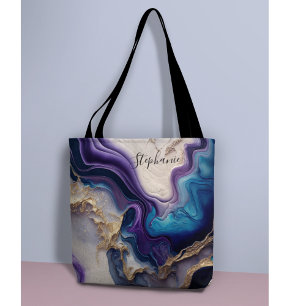 Tote Bag Rose en marbre violet or personnalisé
