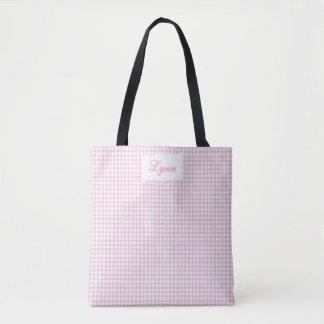Tote Bag Rose et Blanc Gingham Classique | Nom Personnalisé