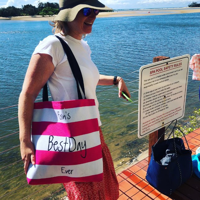 Tote Bag Rose et blanc rayé amusant Chic personnalisé (Créateur téléchargé)