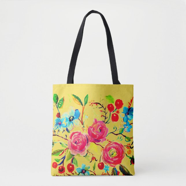 Tote Bag Rose et cerise fleurie Jaune (Devant)