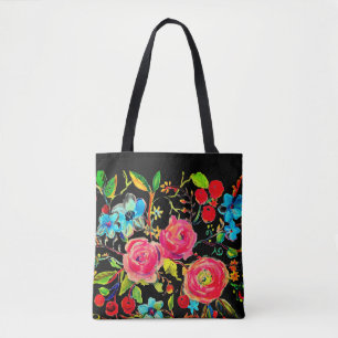 Tote Bag Rose et cerisier en fleurs Noir