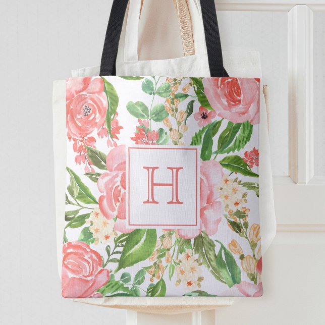 Tote Bag Rose Florale Rose Pêche Aquarelle Joli Monogramme (Créateur téléchargé)