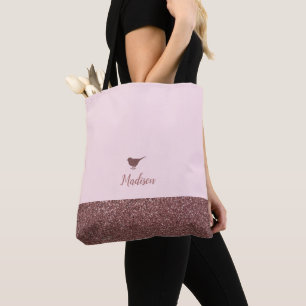Tote Bag Rose Gold Faux Paillettes Petit Oiseau sur Fond Ro