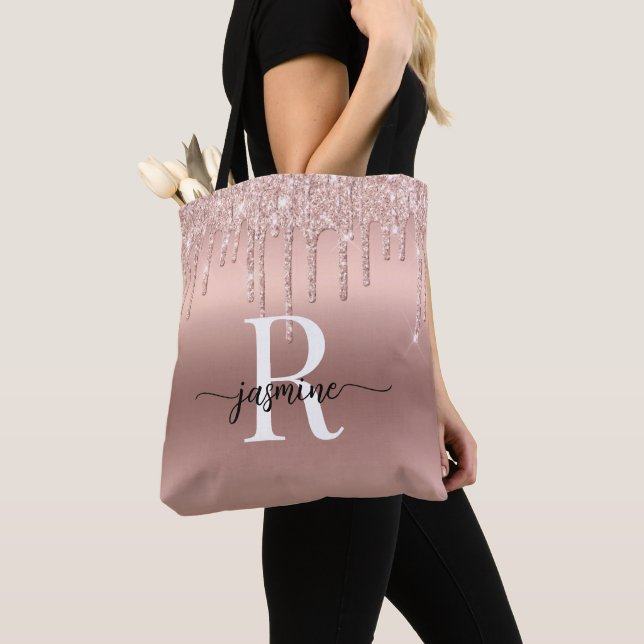 Tote Bag Rose Gold Glitter Drips Rose Métal Monogramme Fémi (De près)