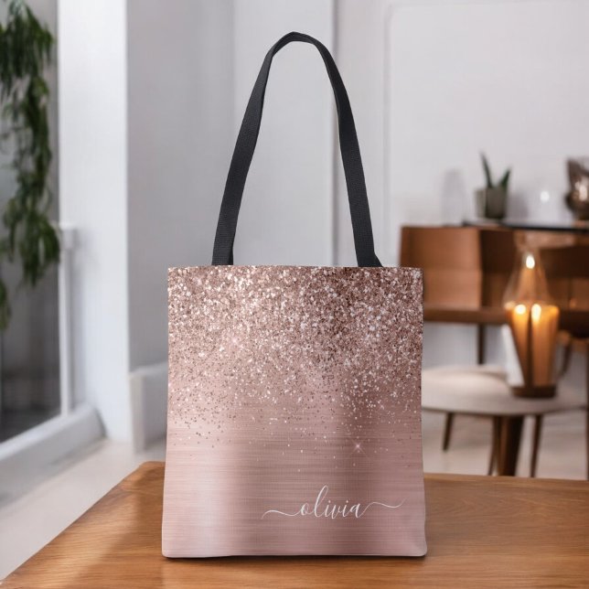 Tote Bag Rose Gold Métal Brossé Paillettes Monogramme Rose (Créateur téléchargé)